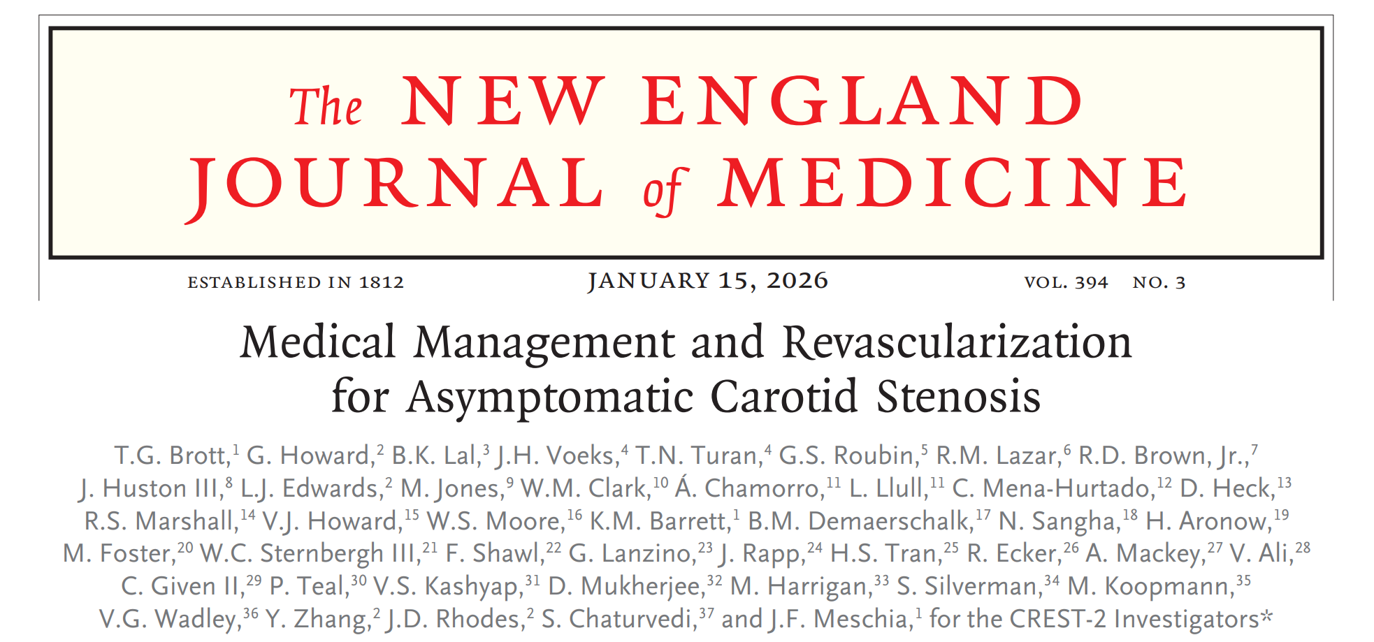 CREST-2 trial publication in the New England Journal of Medicine, January 15, 2026